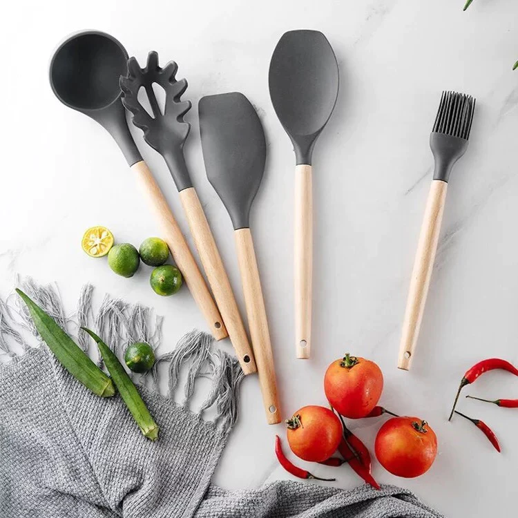 12 Pcs Silicone Cooking Utensils Kitchen Utensil Set | Heat Resistant Kitchen Non Toxic Spatula Set With Turner Tongs,spoon,brush,whisk-wooden Handle – Random Color
