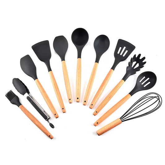12 Pcs Silicone Cooking Utensils Kitchen Utensil Set | Heat Resistant Kitchen Non Toxic Spatula Set With Turner Tongs,spoon,brush,whisk-wooden Handle – Random Color