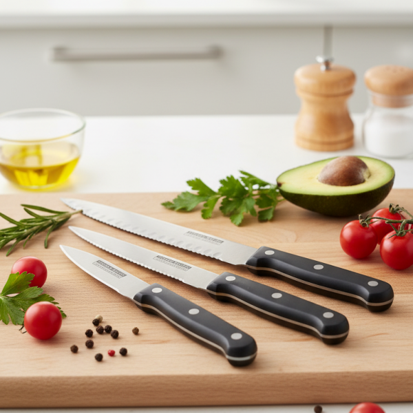 3-piece Kitchen Knives Set – Black | Non-stick Coating, Ergonomic Anti-slip Handles, Perfect For Chopping, Slicing & Dicing | Dishwasher Safe